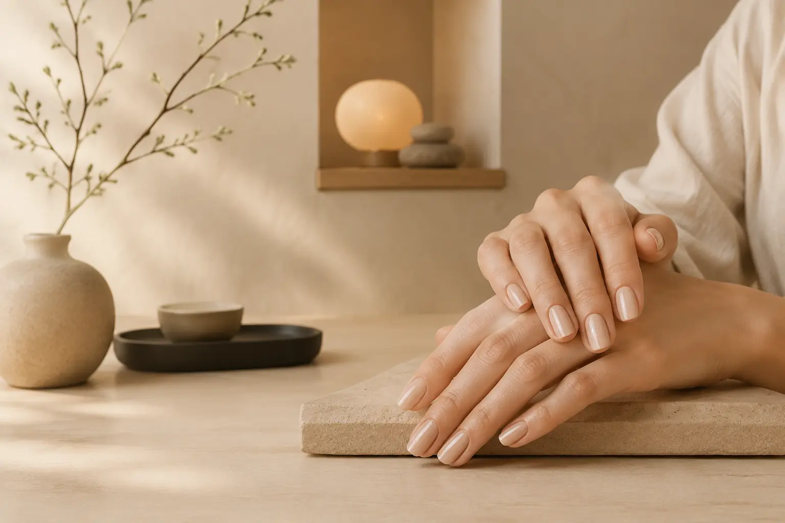 Manucure nude dans une ambiance japonaise minimaliste